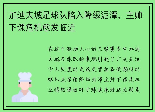 加迪夫城足球队陷入降级泥潭，主帅下课危机愈发临近