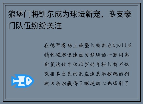 狼堡门将凯尔成为球坛新宠，多支豪门队伍纷纷关注